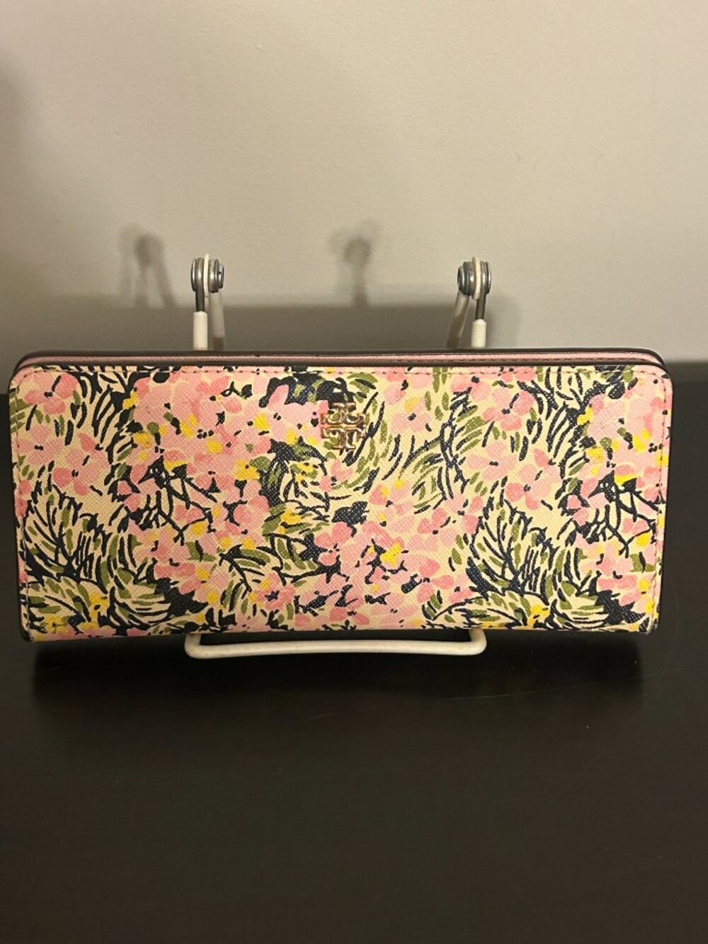 TORY BURCH Saffiano Pink Floral Leather w/ Logo Large Slim Bifold Wallet